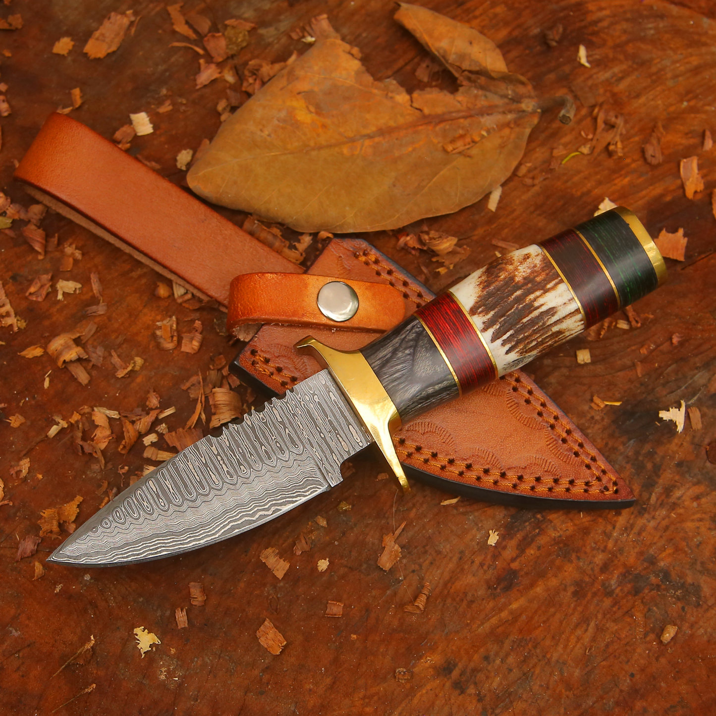Shadowfang - 9 inch Damascus Steel Hunting Knife with Stag Horn Handle