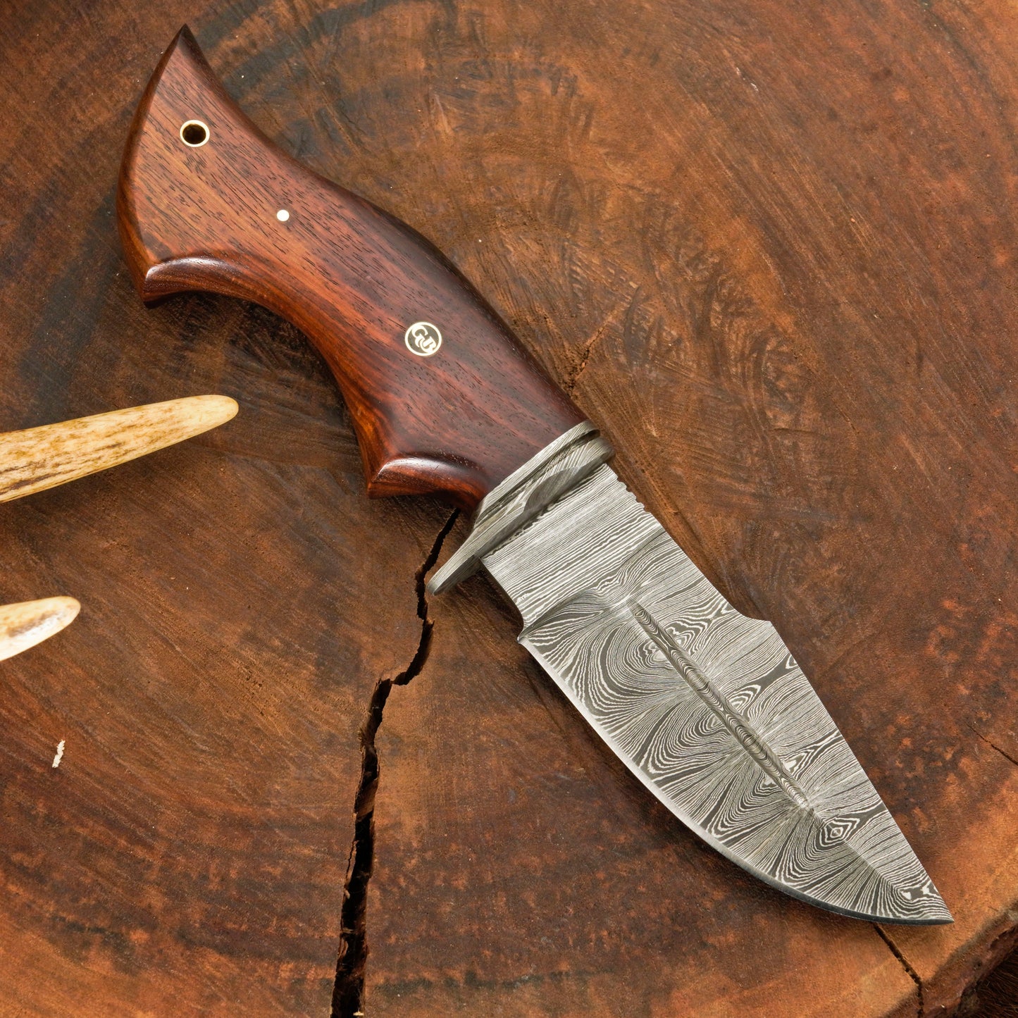 Outlander Edge – 10.5" Hand Forged Damascus Hunting Knife with Leather Sheath