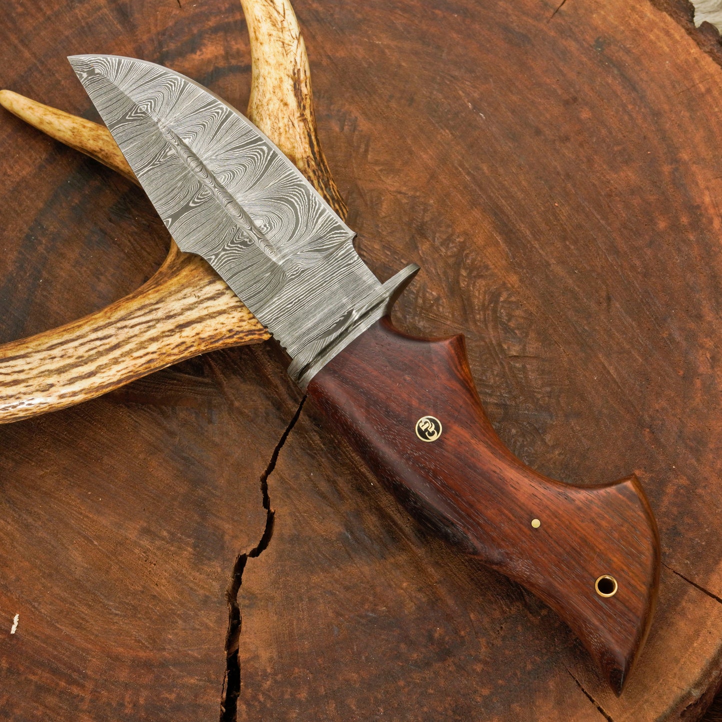 Outlander Edge – 10.5" Hand Forged Damascus Hunting Knife with Leather Sheath
