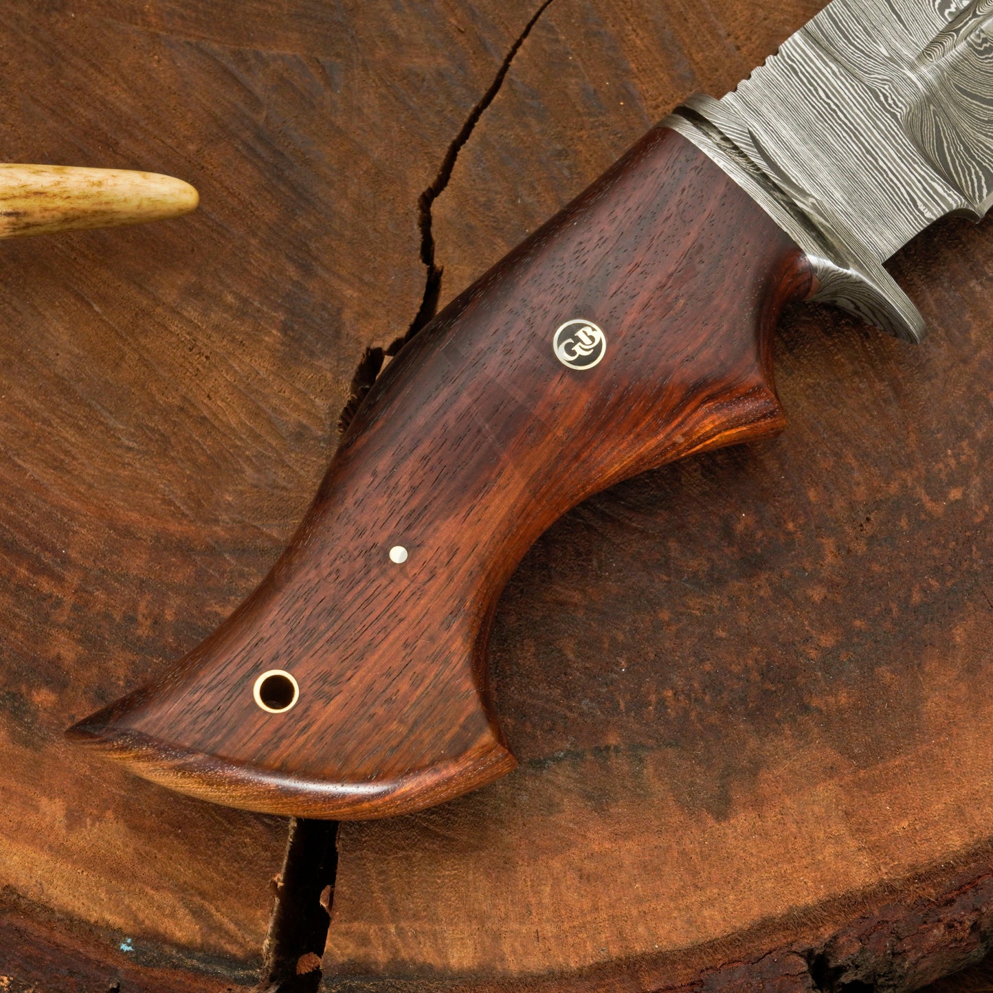 Outlander Edge – 10.5" Hand Forged Damascus Hunting Knife with Leather Sheath