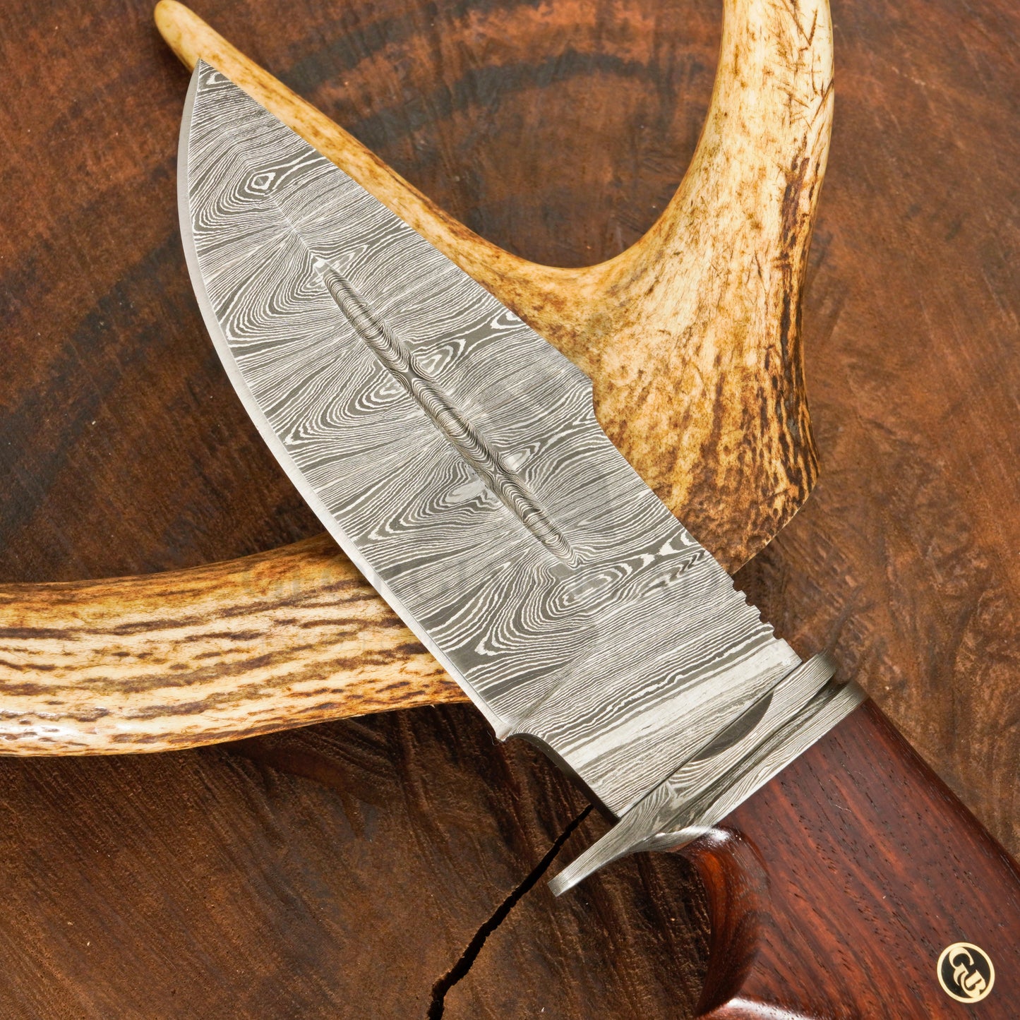Outlander Edge – 10.5" Hand Forged Damascus Hunting Knife with Leather Sheath