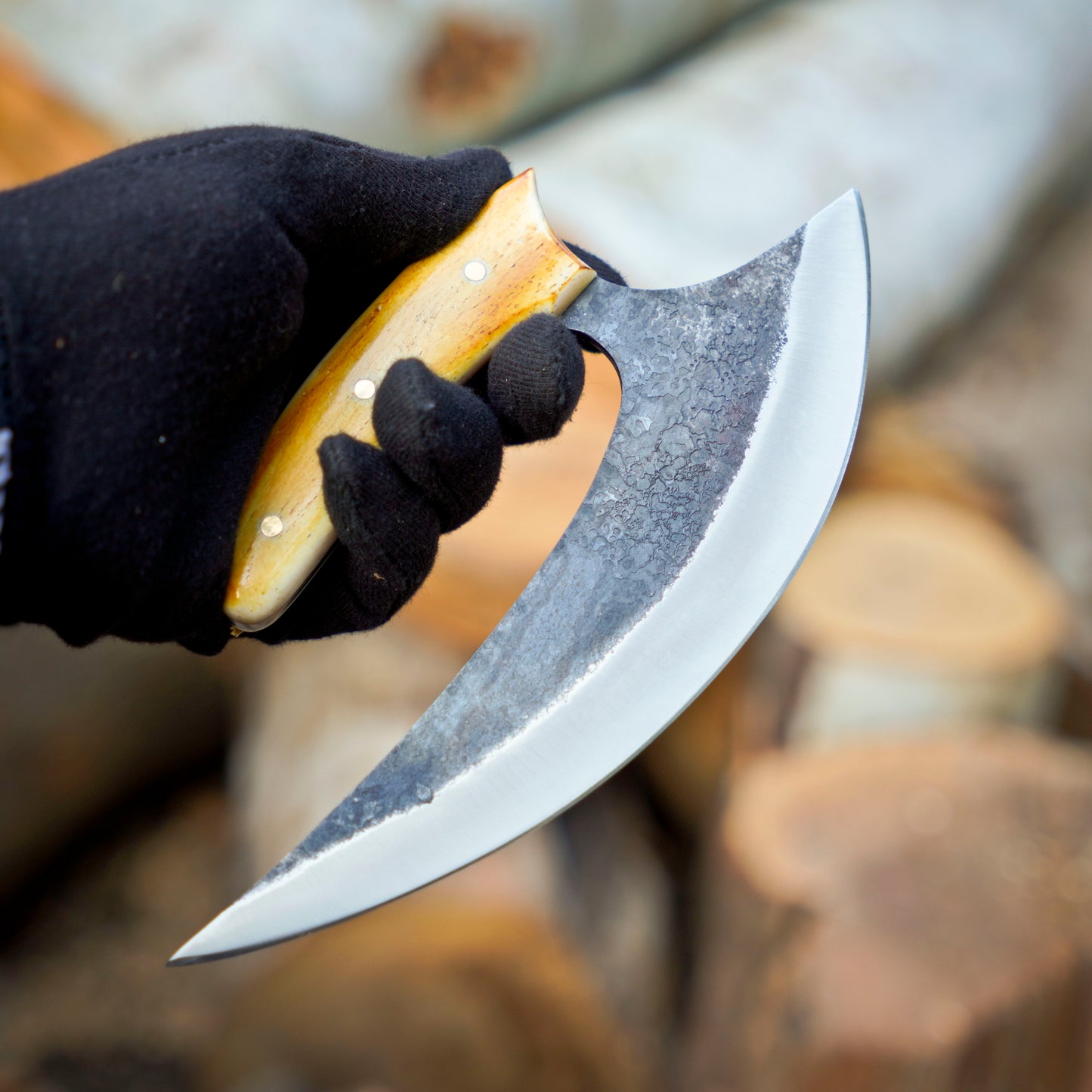 Northern Crescent – 8 inch Handmade Ulu Knife with Bone Torch Handle and Leather Sheath