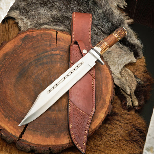 Wild West Warrior: Bowie Knife - Handmade D2 Bowie Knife Steel Hunting Fix Blade - Stag Antler & Wood Handle