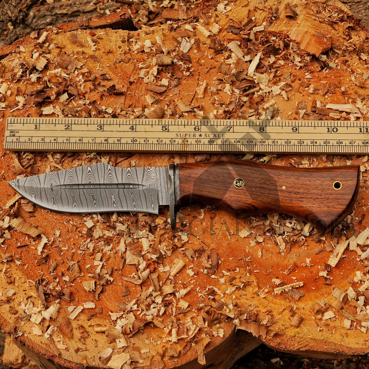 Woodman's Ally - 10.5" Hand Forged Damascus Hunting Knife with Leather Sheath