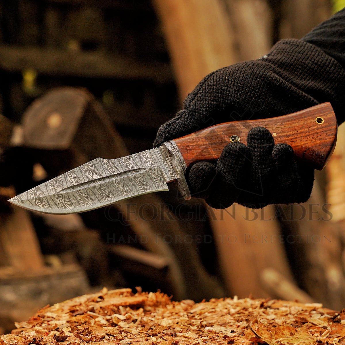 Woodman's Ally - 10.5" Hand Forged Damascus Hunting Knife with Leather Sheath
