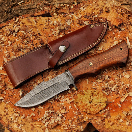 Woodman's Ally - 10.5" Hand Forged Damascus Hunting Knife with Leather Sheath