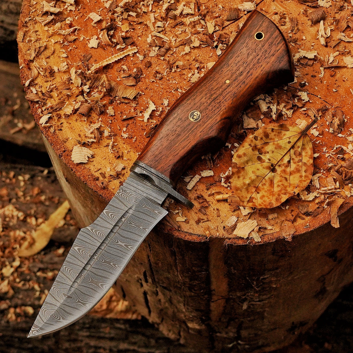 Woodman's Ally - 10.5" Hand Forged Damascus Hunting Knife with Leather Sheath
