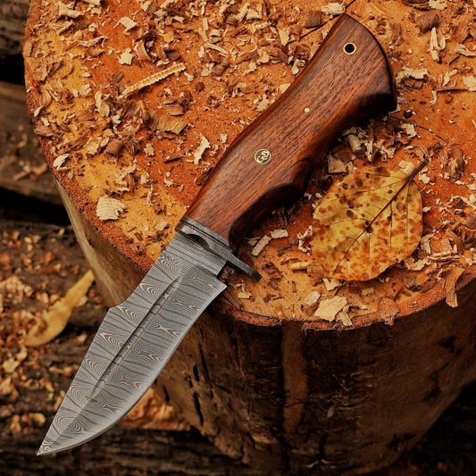 Woodman's Ally - 10.5" Hand Forged Damascus Hunting Knife with Leather Sheath
