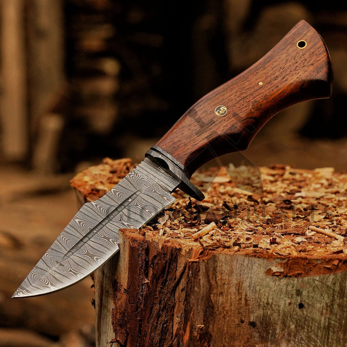Woodman's Ally - 10.5" Hand Forged Damascus Hunting Knife with Leather Sheath