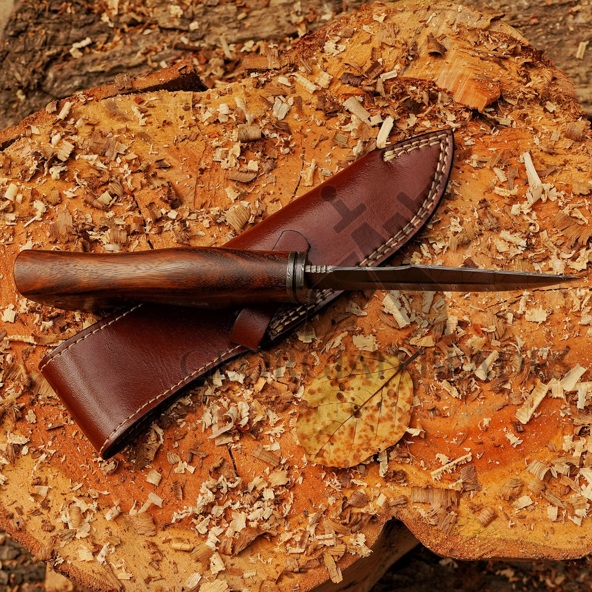 Woodman's Ally - 10.5" Hand Forged Damascus Hunting Knife with Leather Sheath