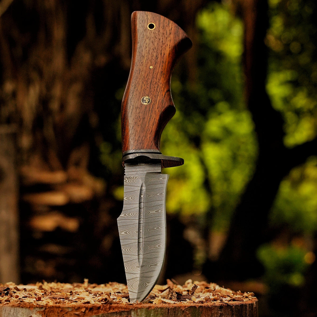 Woodman's Ally - 10.5" Hand Forged Damascus Hunting Knife with Leather Sheath
