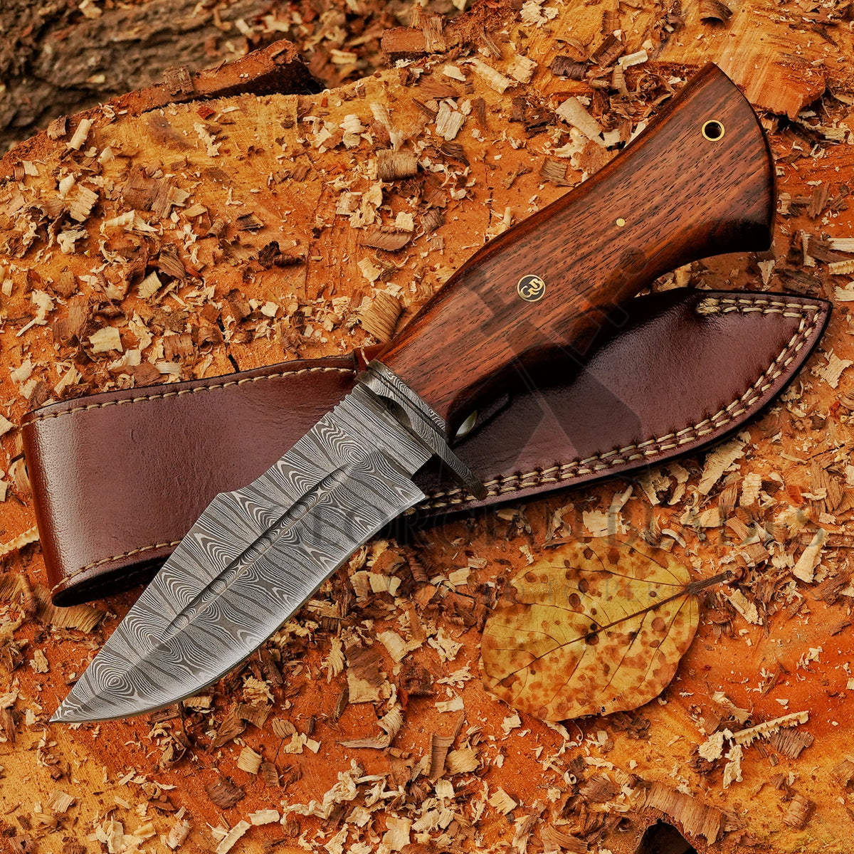 Woodman's Ally - 10.5" Hand Forged Damascus Hunting Knife with Leather Sheath