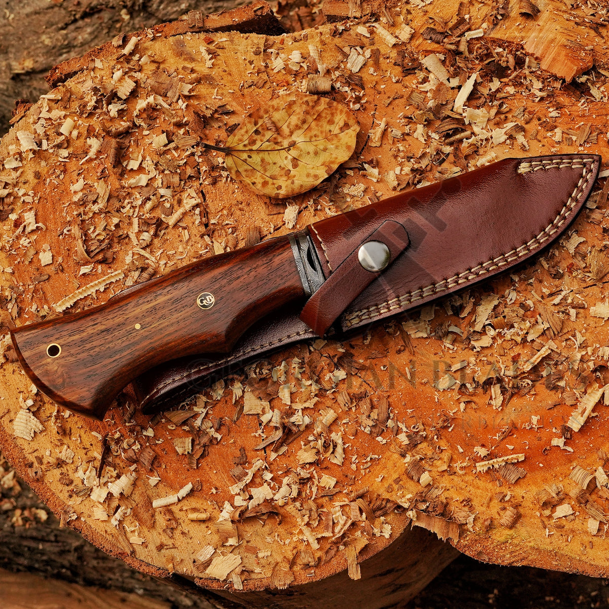 Woodman's Ally - 10.5" Hand Forged Damascus Hunting Knife with Leather Sheath
